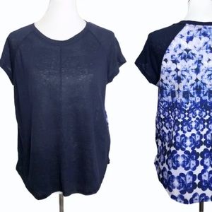 NWT Talbots Linen Blend T-Shirt Floral Back Sz. P Petite Relaxed Fit Blue